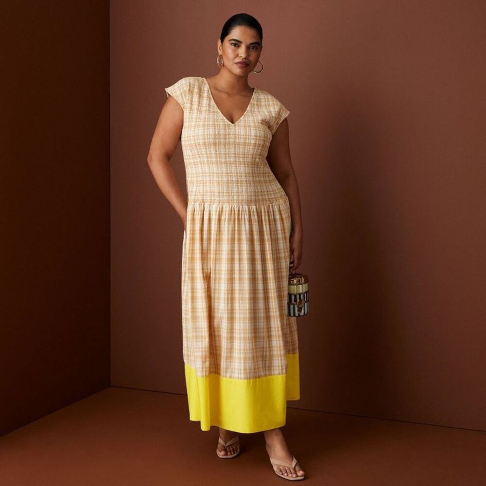 Women's Short Sleeve Smocked Gingham Drop Waist Maxi Dress -  Khaki XXL